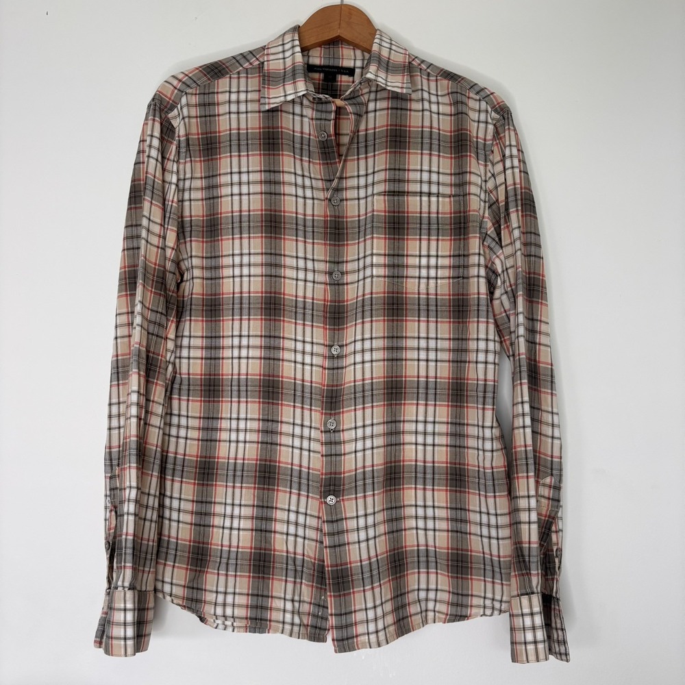 John Varvatos Brown Red Plaid Classic Oxford Button Down Size Medium